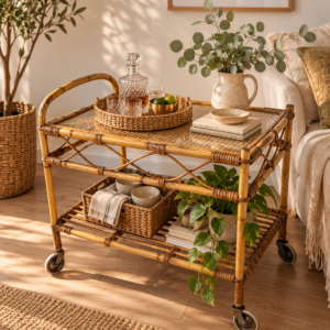 Barek mobilny z lat 60./70. – rattan, rafia, szkło – styl skandynawski, vintage