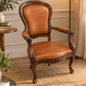 Stylowy fotel Chippendale z podłokietnikami, Skóra naturalna, Vintage | Klasyka