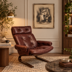 Fotel Kengu Rybo Rykken – Nordahl & Elsa Solheim – skóra, norweski design vintage
