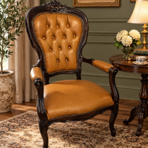 Elegancki fotel Chippendale, Skóra naturalna, Pikowane oparcie Styl pałacowy