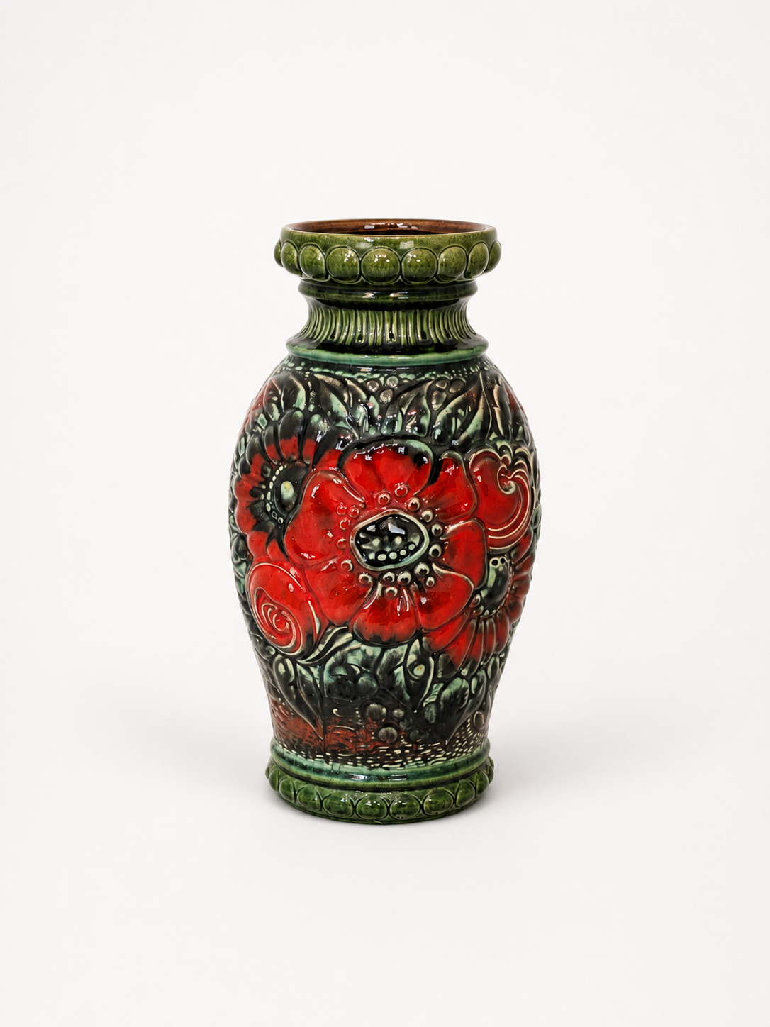 Wazon ceramiczny zielony w kwiaty Niemcy Zachodnie serii 287-41