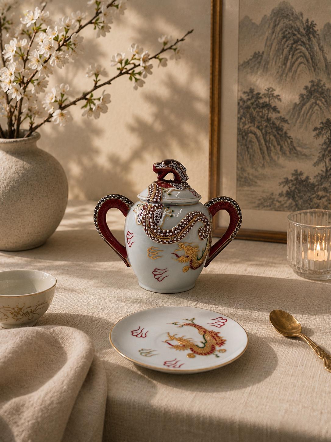 Antyczna cukiernica porcelanowa Dragonware Japonia - obrazek 2