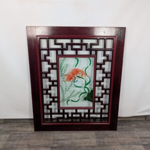 Panel, Chinese stained glass carved exotic wood fish on glass