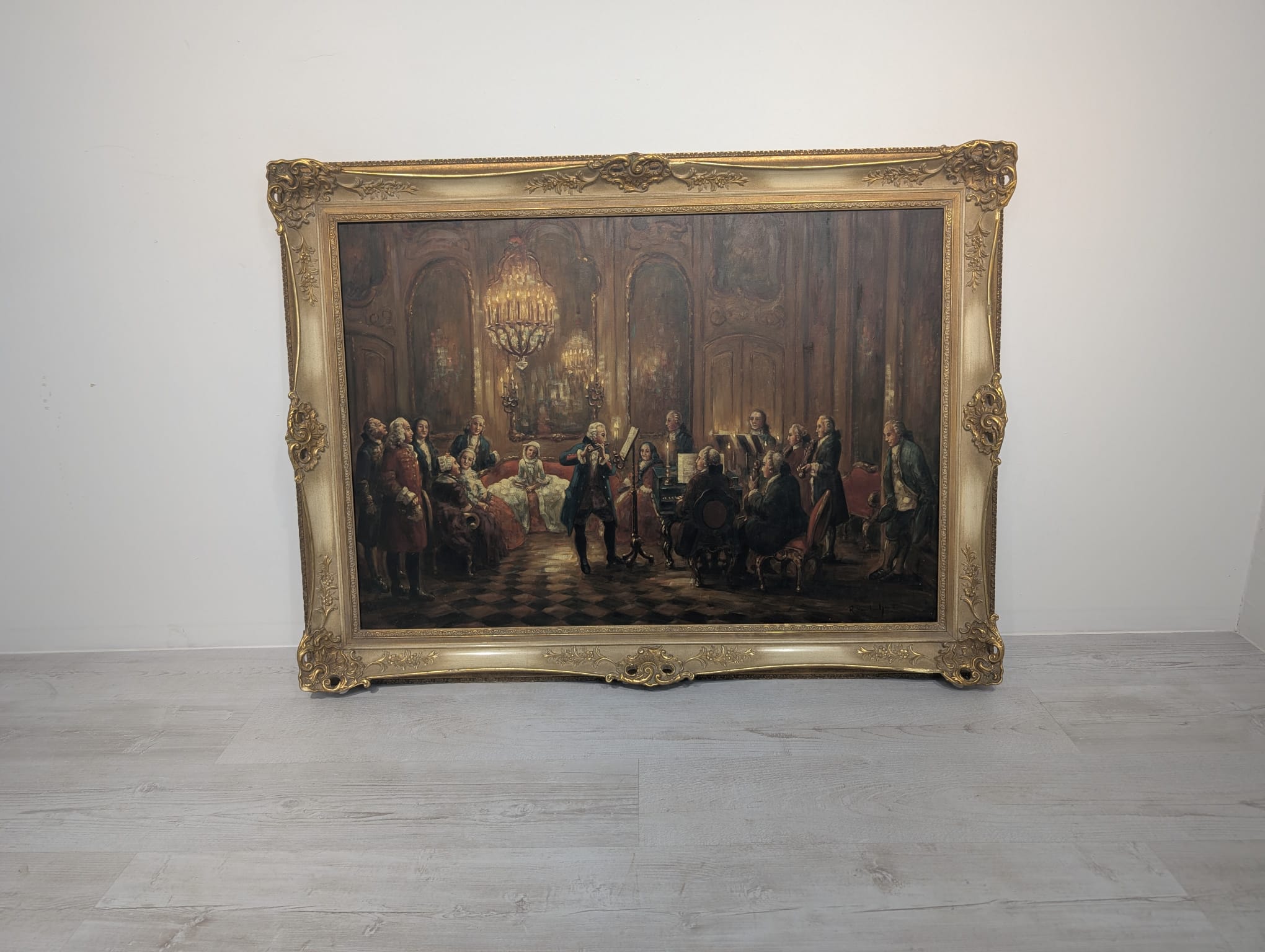 Obraz Adolpha von Menzla, "Koncert flecisty Fryderyka Wielkiego w Sanssouci"