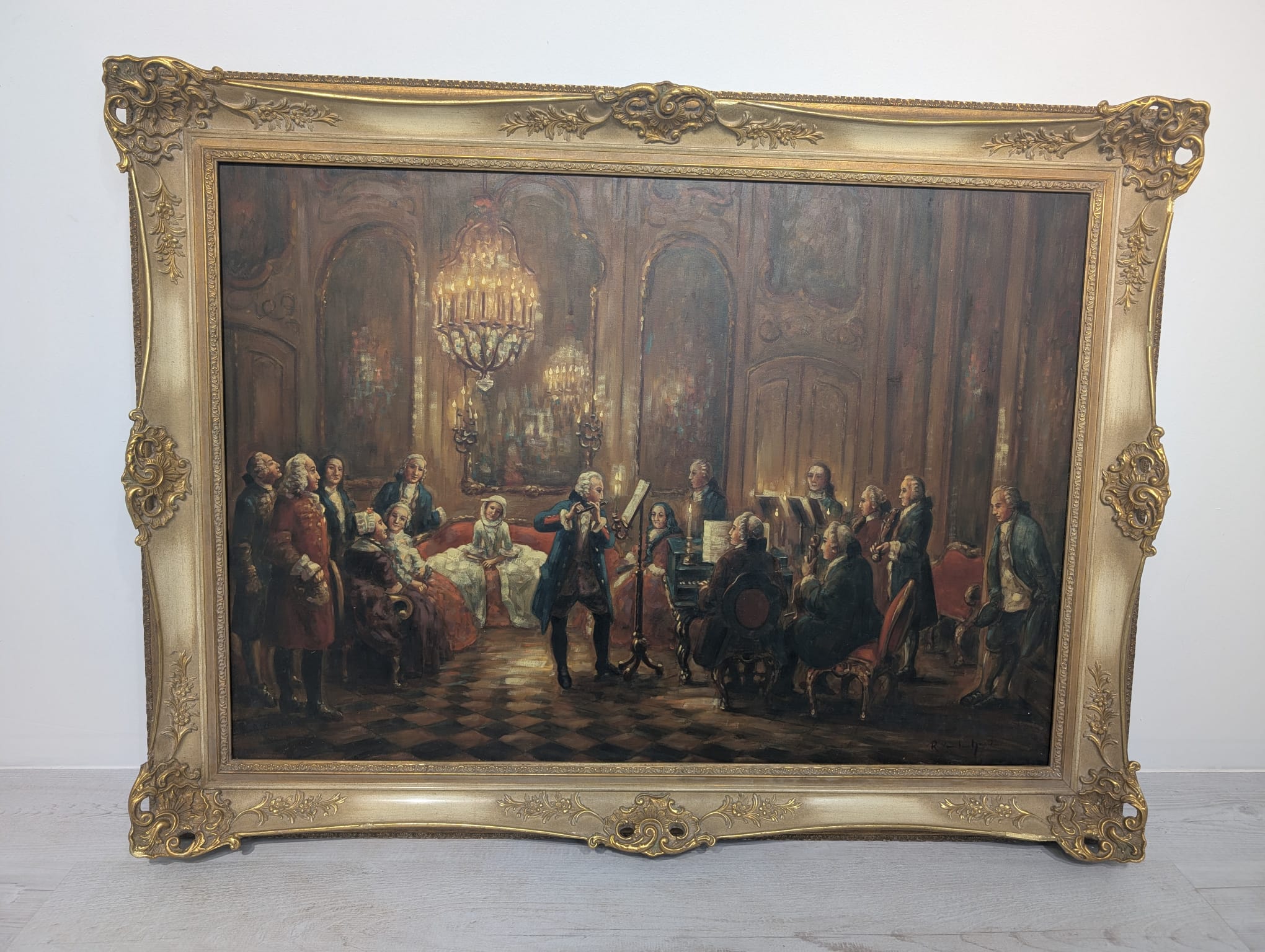 Obraz Adolpha von Menzla, "Koncert flecisty Fryderyka Wielkiego w Sanssouci" - obrazek 4