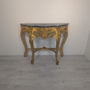 Table, Art Nouveau console in gilt with marble