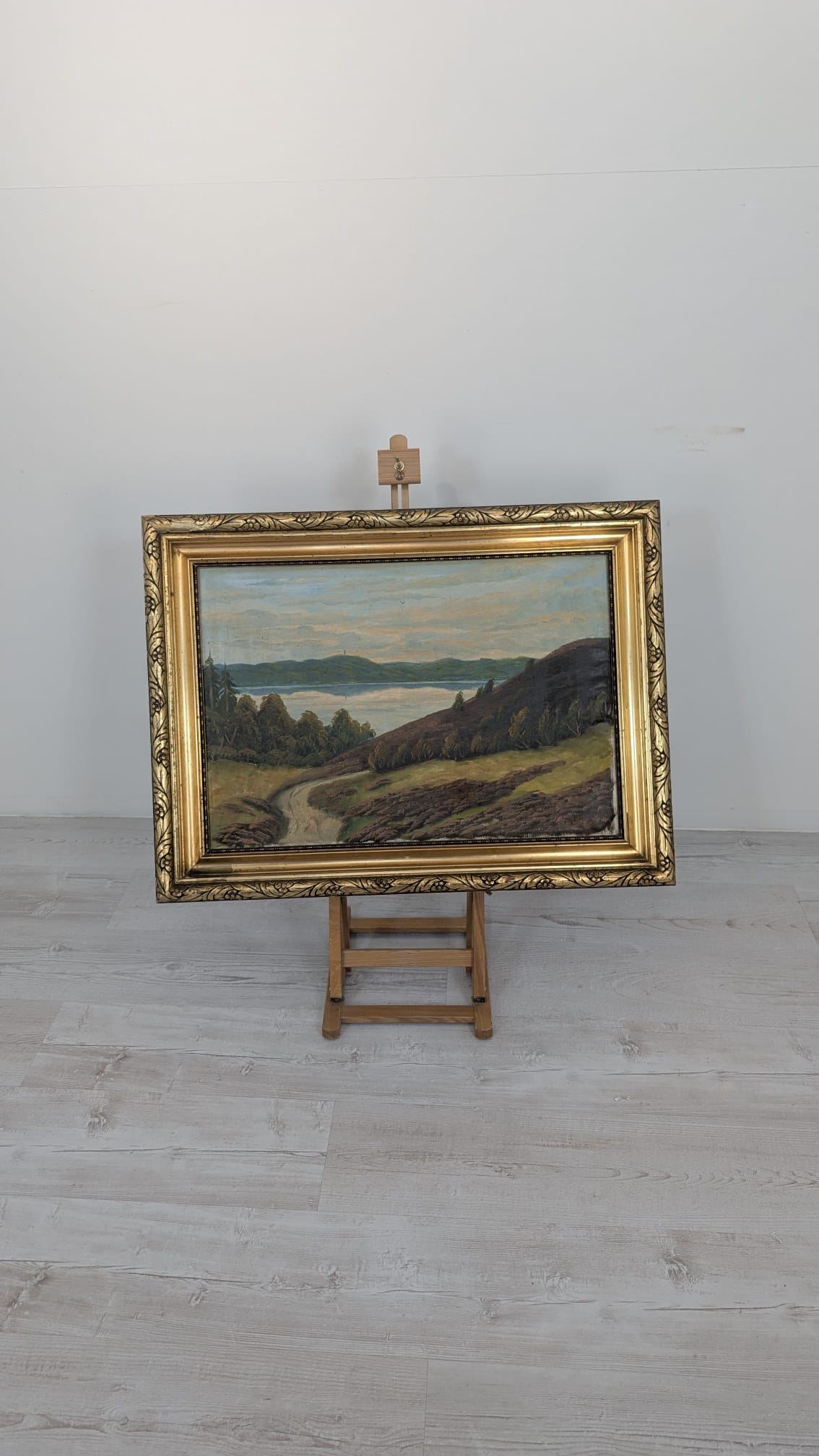 Oil painting landscape on canvas in wooden gilt frame