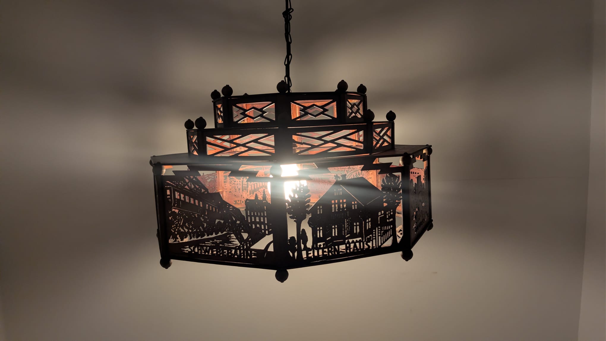 Zwis lampa Żyrandol drewniany ażurowy Wuppertal misterny z lat 30/40-stych - obrazek 17