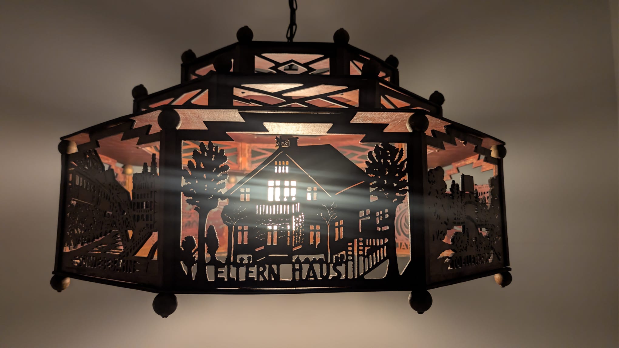 Zwis lampa Żyrandol drewniany ażurowy Wuppertal misterny z lat 30/40-stych - obrazek 18