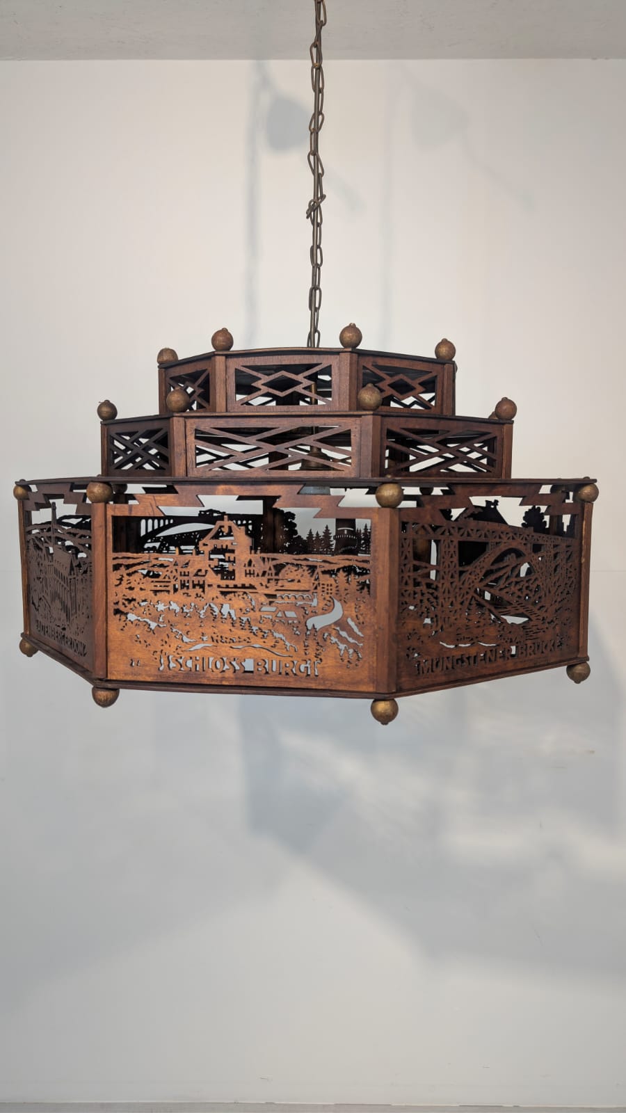 Zwis lampa Żyrandol drewniany ażurowy Wuppertal misterny z lat 30/40-stych