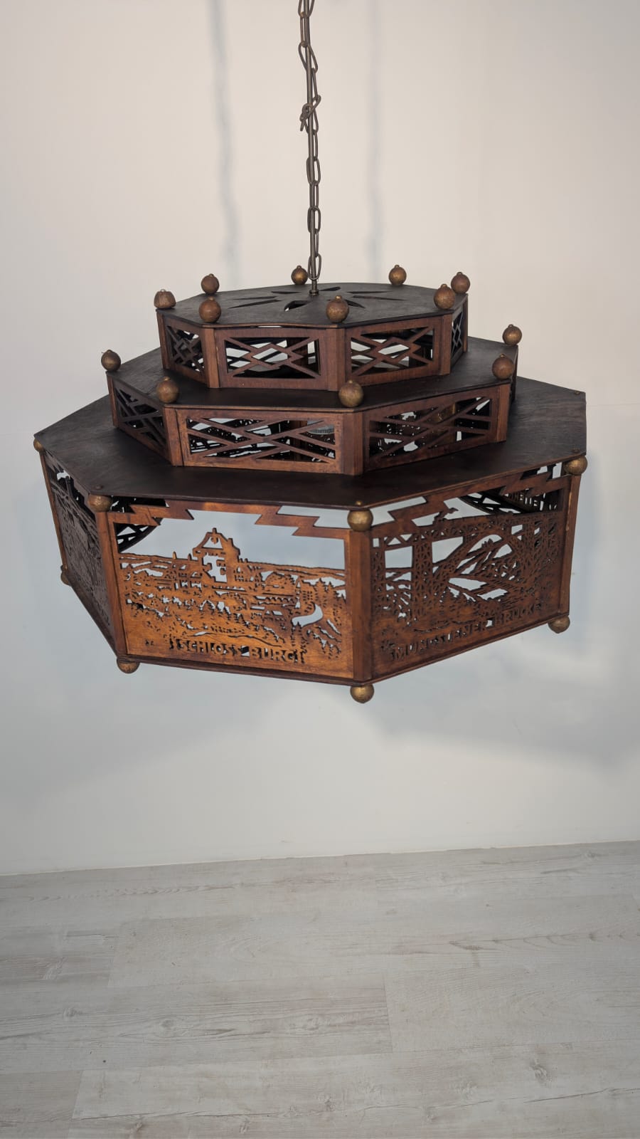 Zwis lampa Żyrandol drewniany ażurowy Wuppertal misterny z lat 30/40-stych - obrazek 3