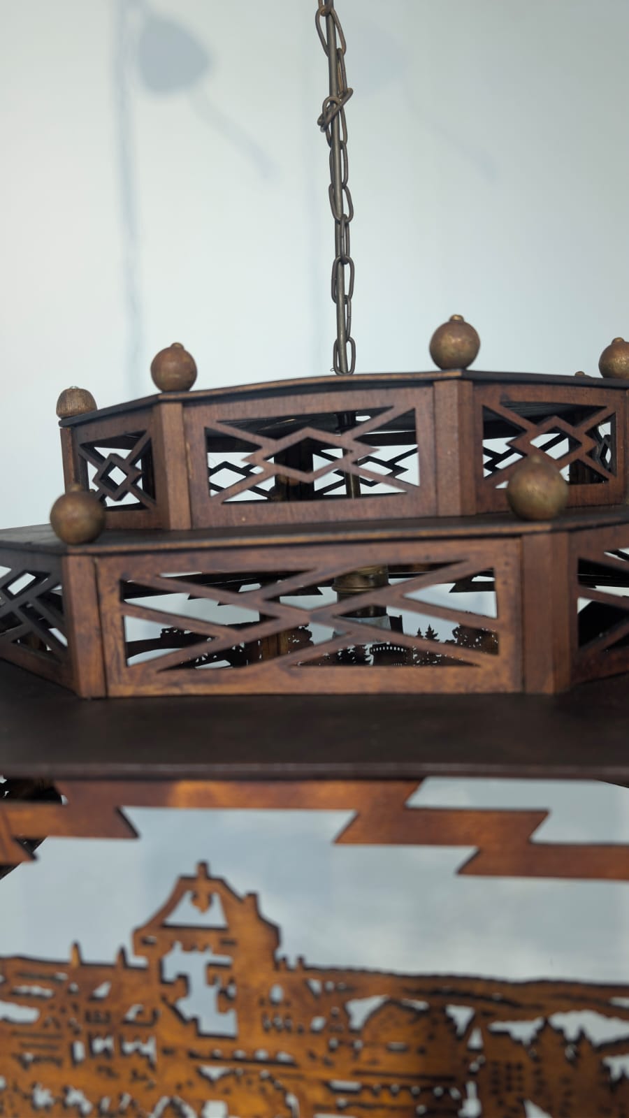 Zwis lampa Żyrandol drewniany ażurowy Wuppertal misterny z lat 30/40-stych - obrazek 4