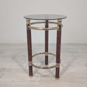 1970s round coffee table with smoked glass and brass