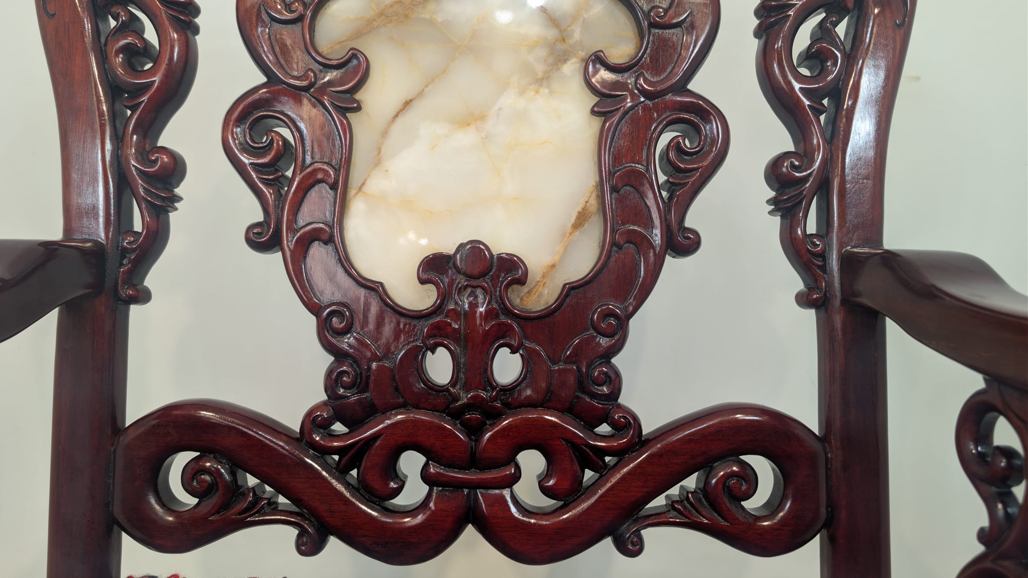 Zabytkowy fotel, tron chiński z marmurem w mahoniu - obrazek 6