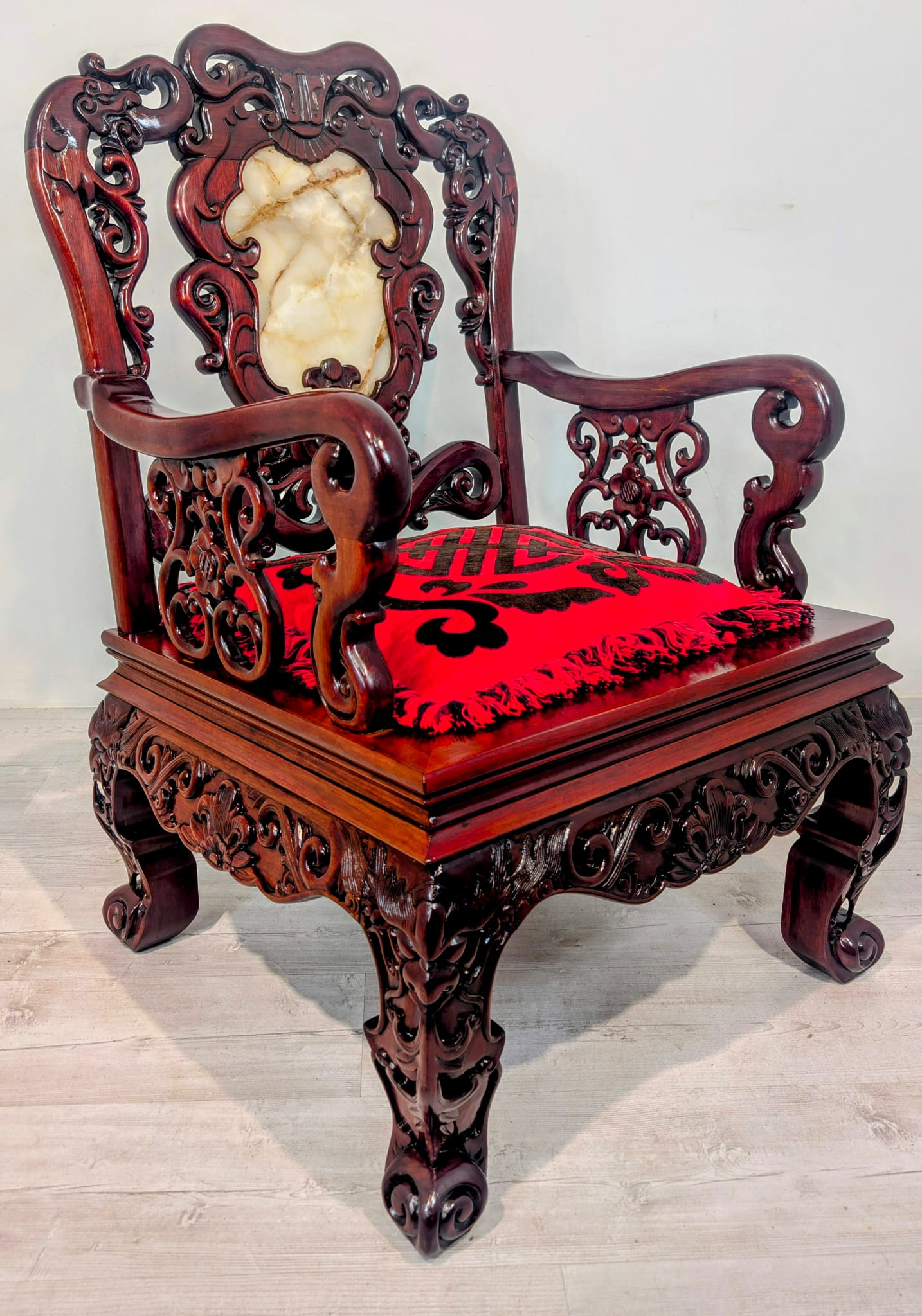 Zabytkowy fotel, tron chiński z marmurem w mahoniu - obrazek 23