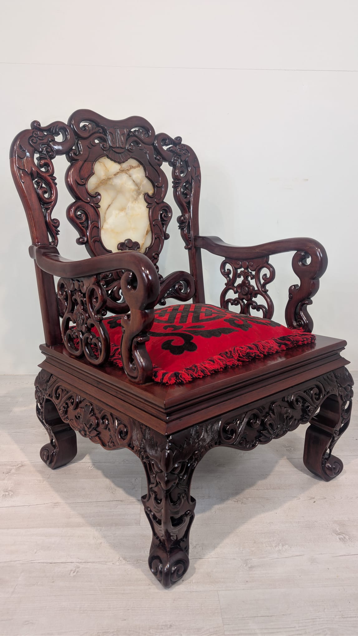 Zabytkowy fotel, tron chiński z marmurem w mahoniu - obrazek 10