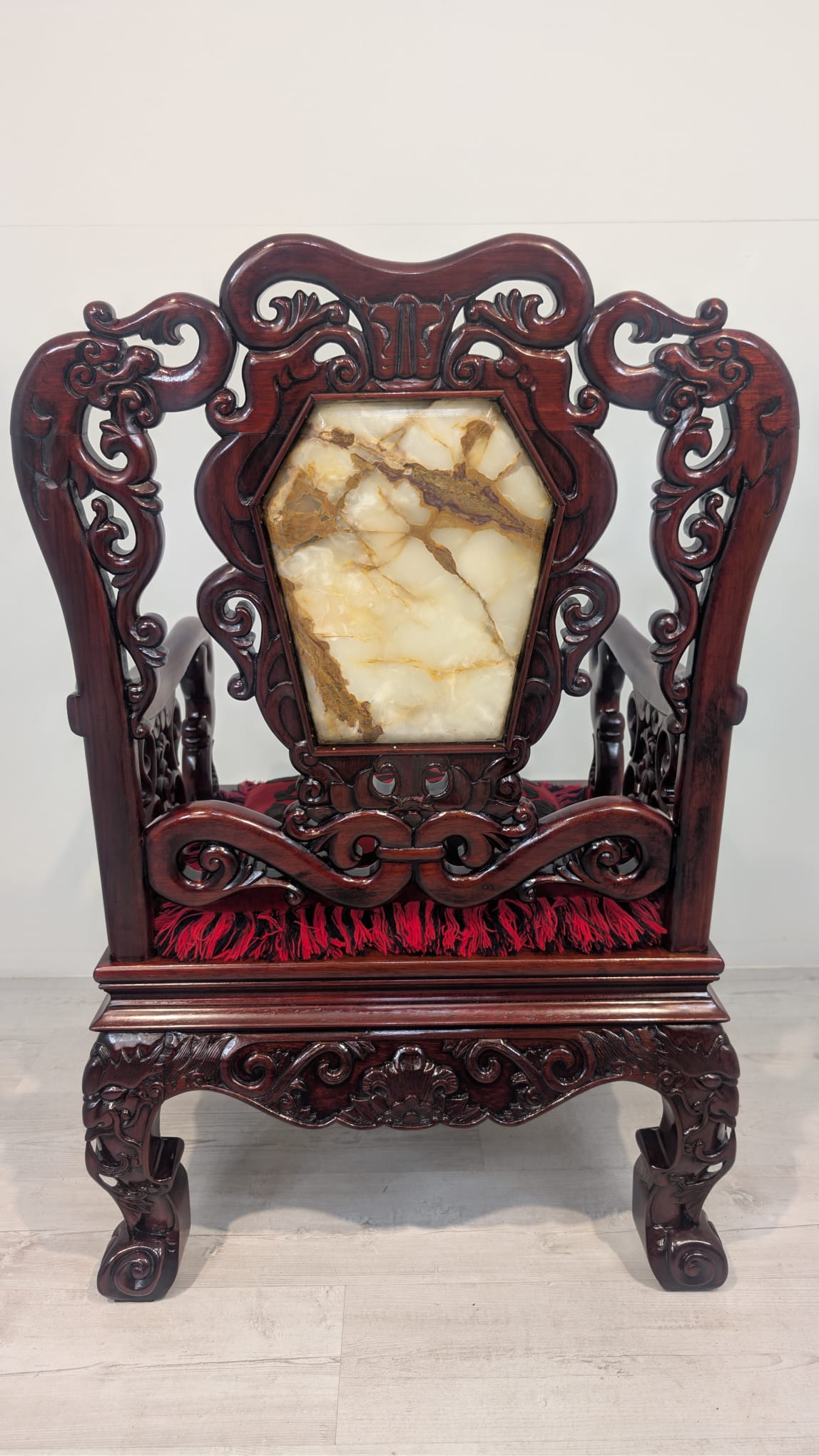 Zabytkowy fotel, tron chiński z marmurem w mahoniu - obrazek 14