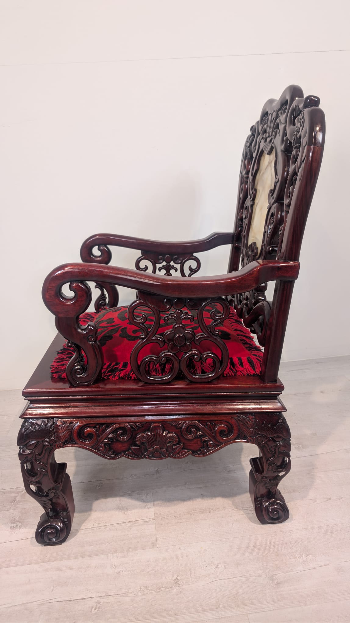 Zabytkowy fotel, tron chiński z marmurem w mahoniu - obrazek 15