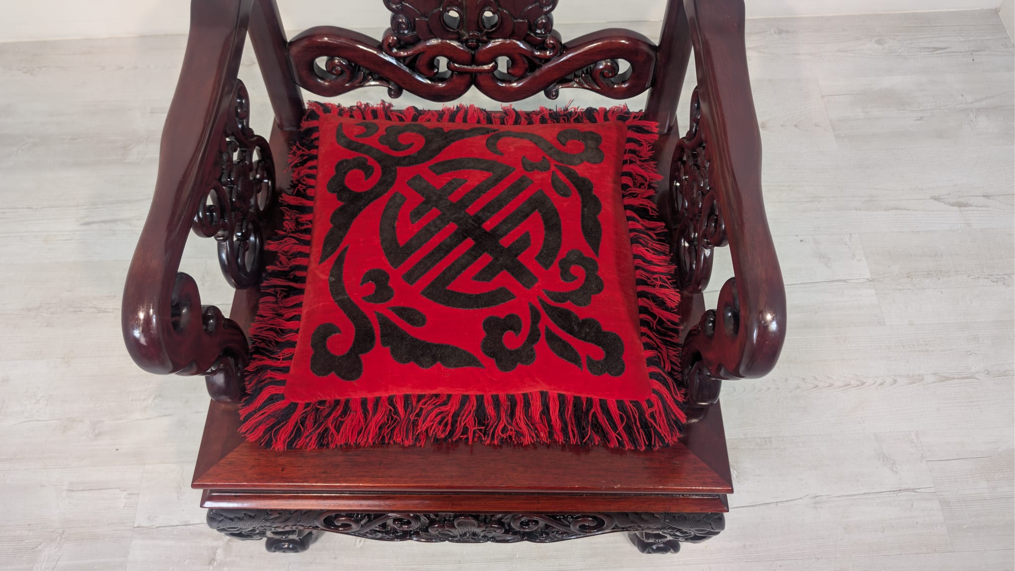 Zabytkowy fotel, tron chiński z marmurem w mahoniu - obrazek 18