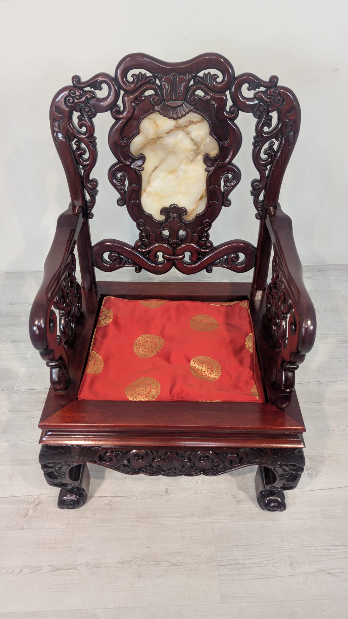 Zabytkowy fotel, tron chiński z marmurem w mahoniu - obrazek 19