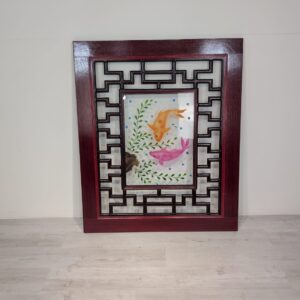Panel, Chinese stained glass with fish painted on glass