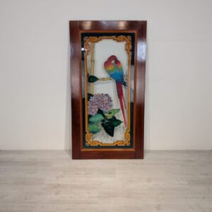 Panel, Chinese stained glass with parrot painted on glass