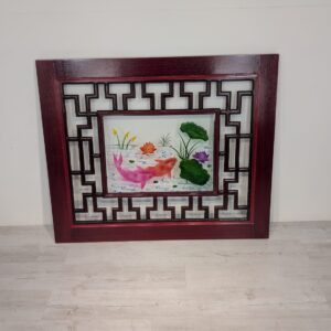 Panel, Chinese stained glass with fish painted on glass