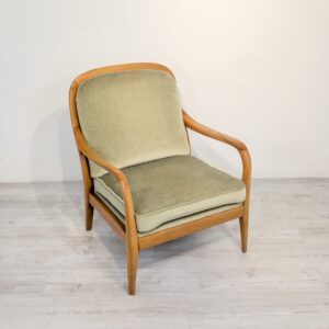 Mid-century modern style wooden armchair in olive green upholstery