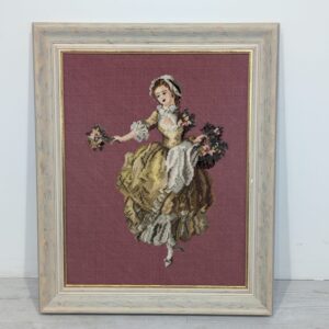 Decorative embroidered tapestry "Woman with basket of flowers" in wooden frame