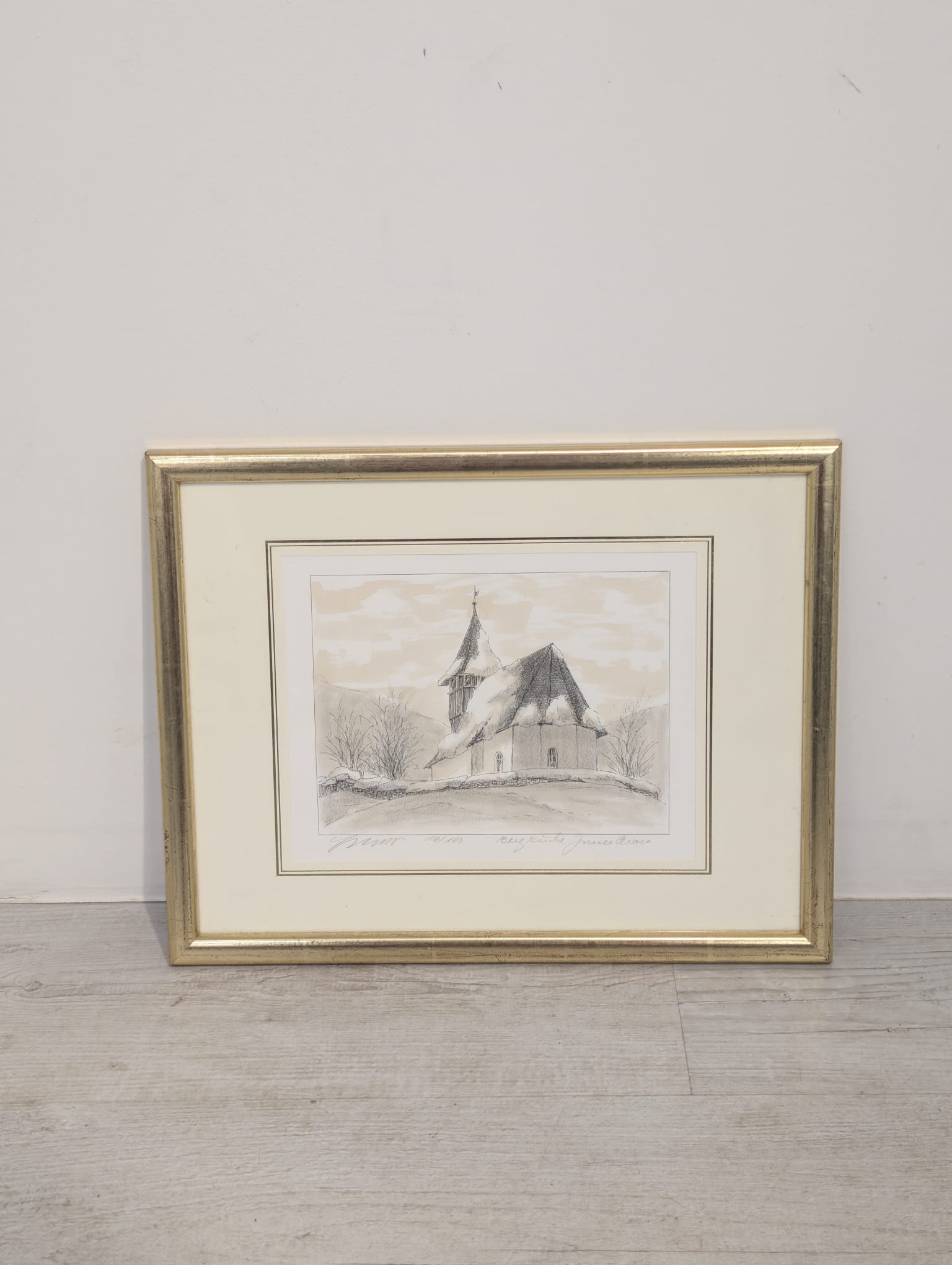 Litografia „Bergkirche Innertkirchen” – kościół górski, sygnowana, złota rama - obrazek 4