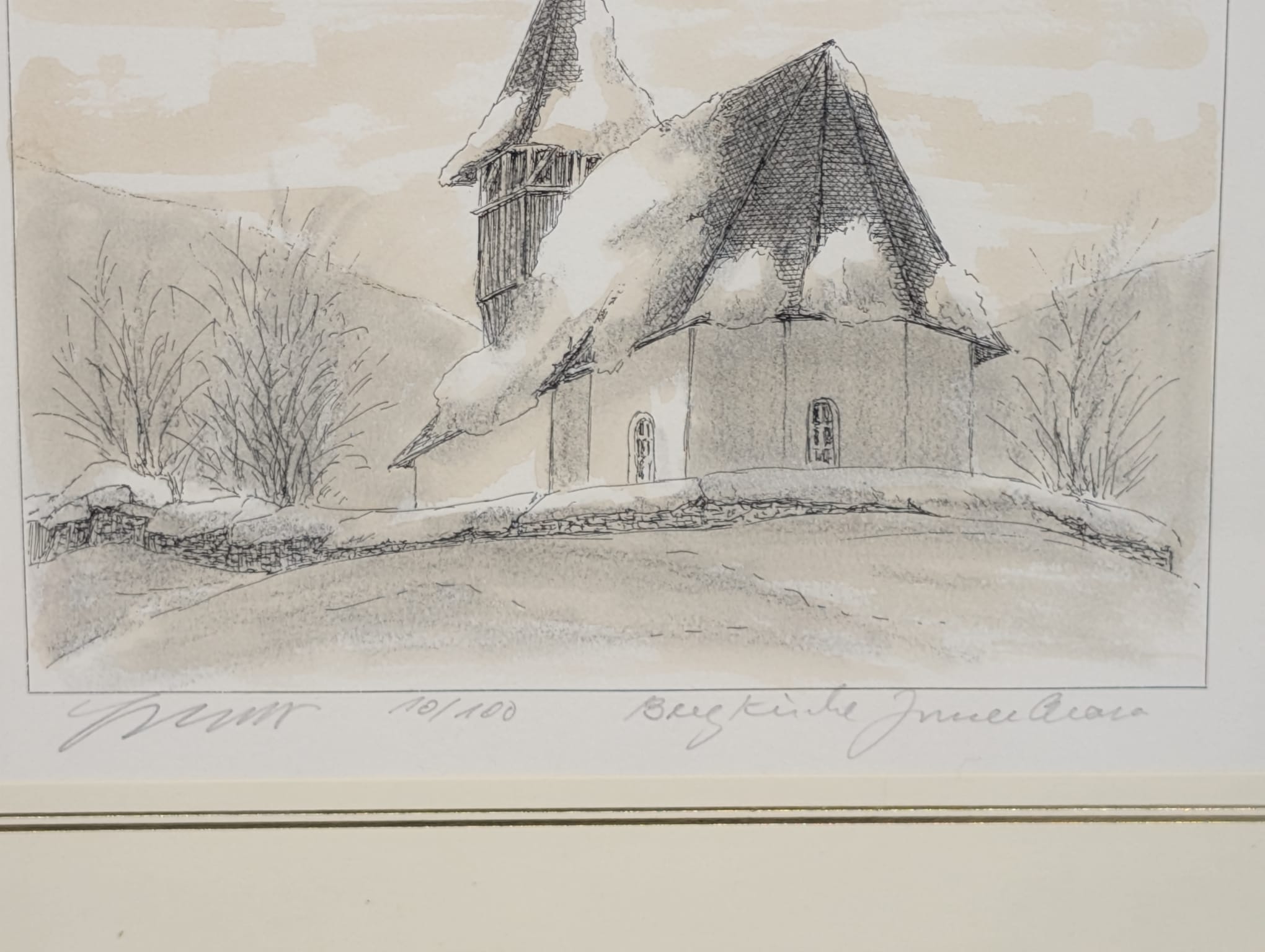 Litografia „Bergkirche Innertkirchen” – kościół górski, sygnowana, złota rama - obrazek 6