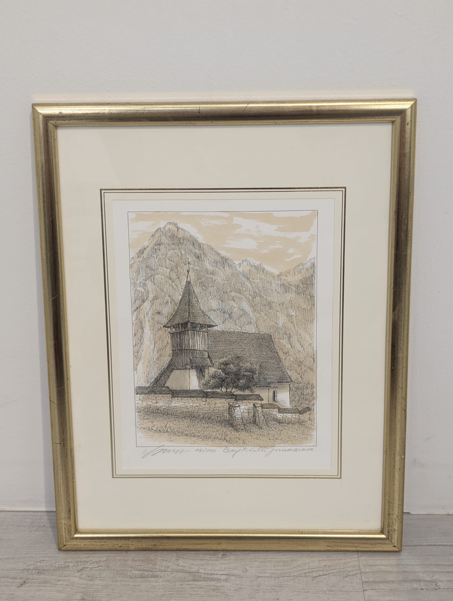 Litografia „Beigkirche Innertkirchen” – sygnowana, Szwajcaria, złota rama - obrazek 9