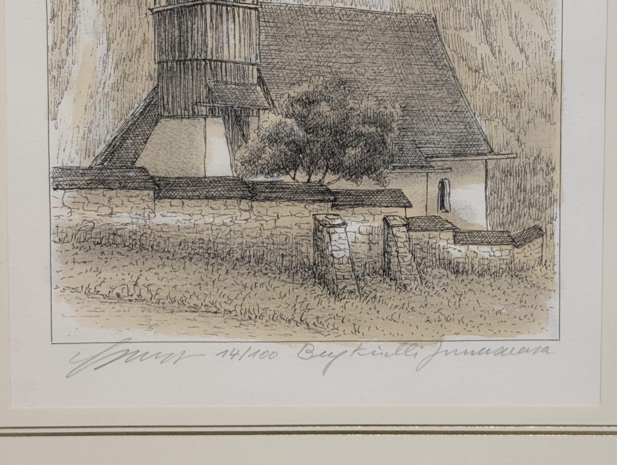 Litografia „Beigkirche Innertkirchen” – sygnowana, Szwajcaria, złota rama - obrazek 8