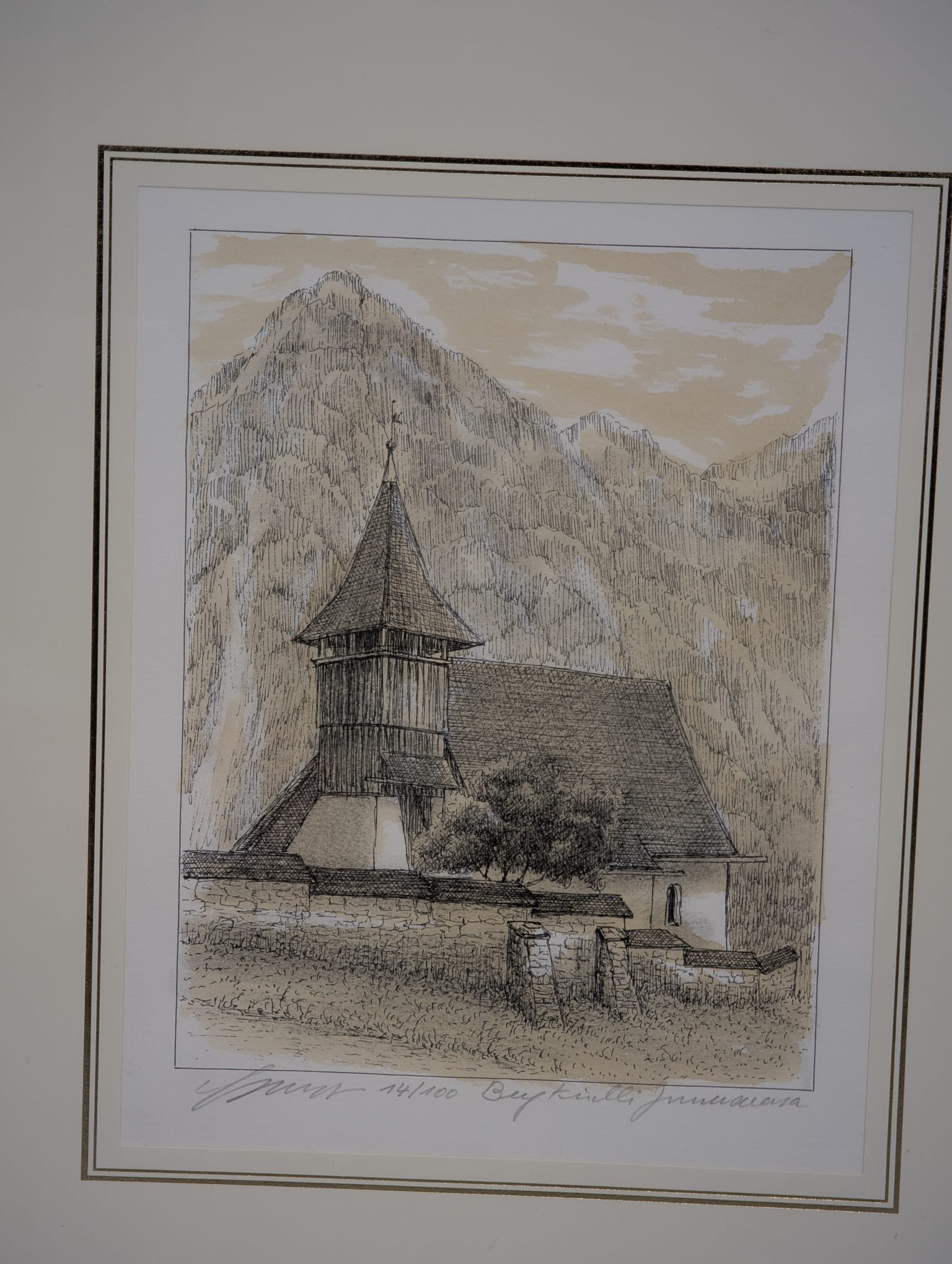 Litografia „Beigkirche Innertkirchen” – sygnowana, Szwajcaria, złota rama - obrazek 7