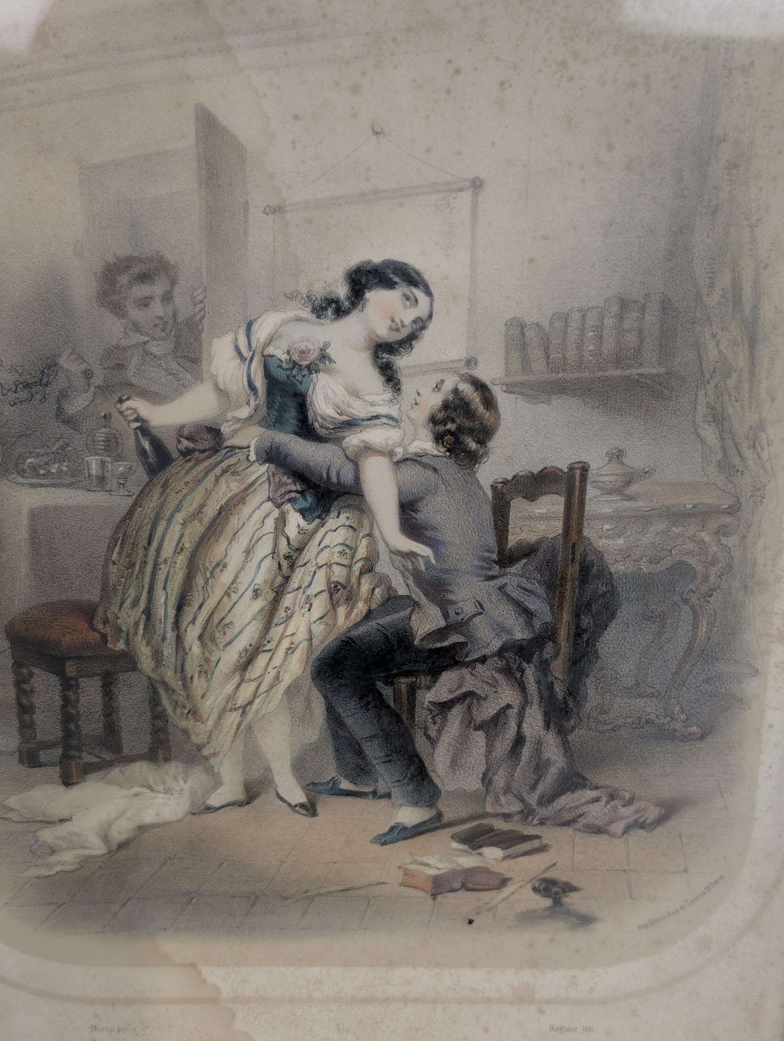 Stara litografia „Les Amitiés d’École” – scena rodzajowa, ozdobna rama, vintage - obrazek 5