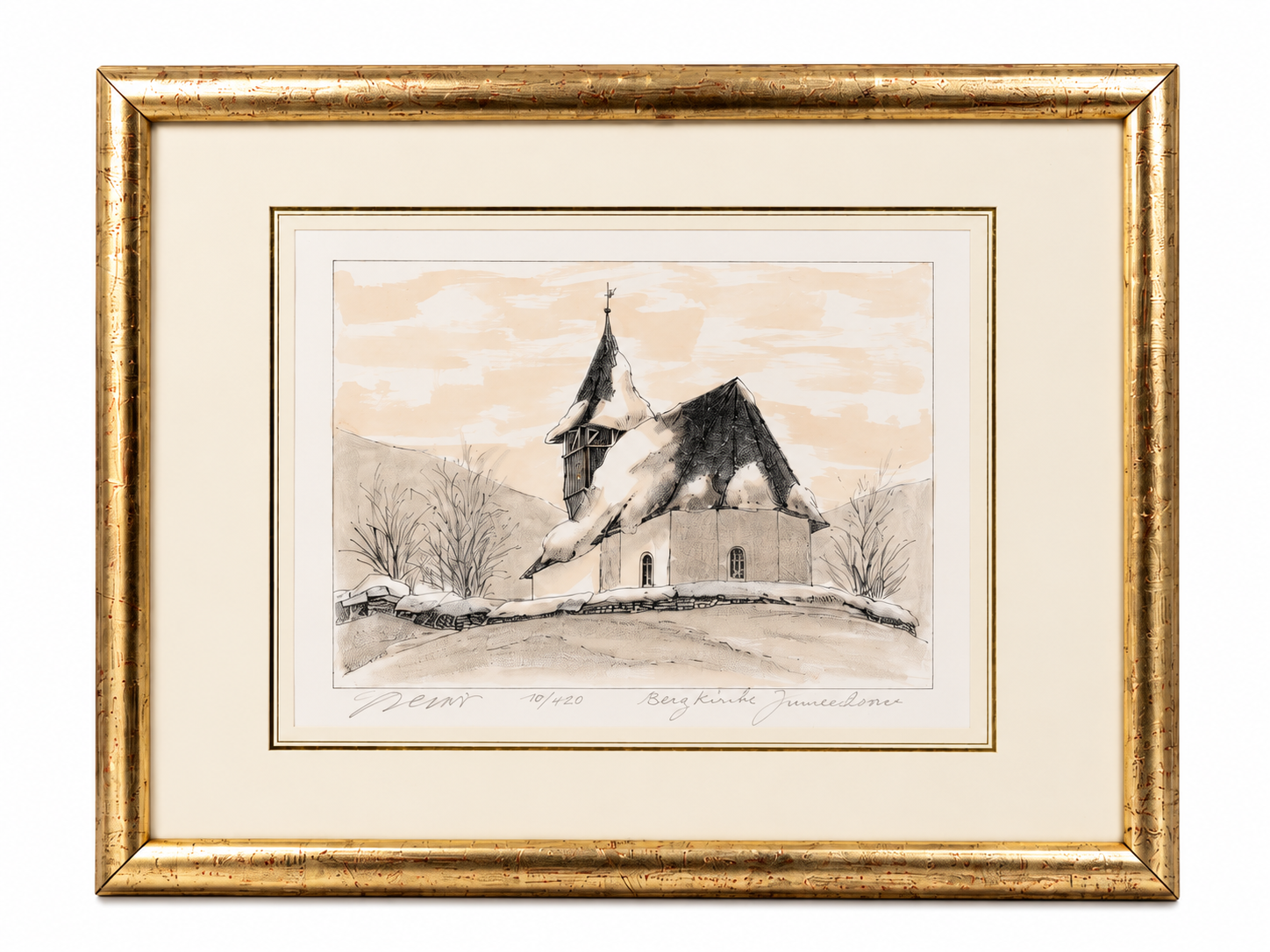 Litografia „Bergkirche Innertkirchen” – kościół górski, sygnowana, złota rama - obrazek 2