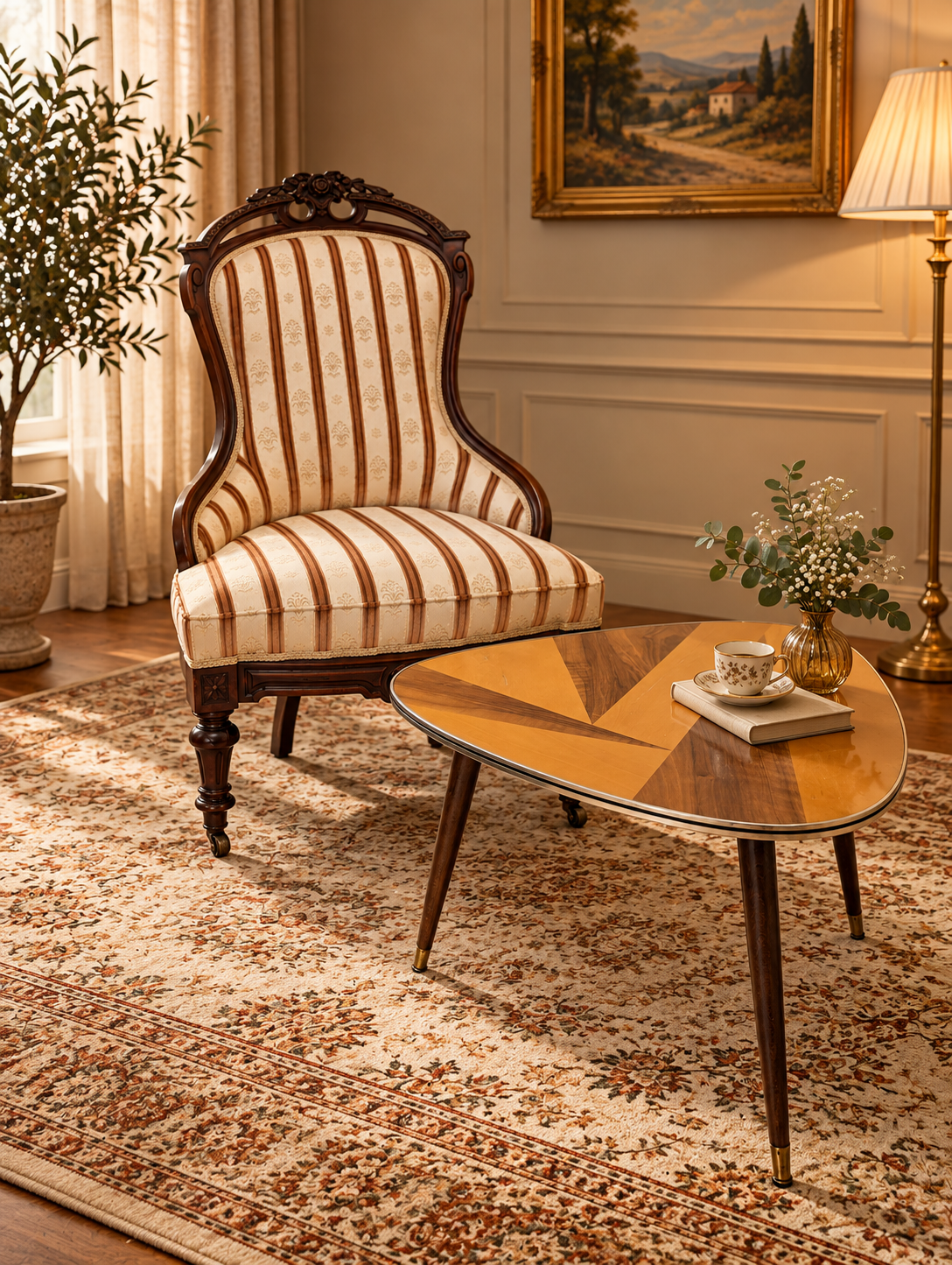 Stolik kawowy PATYCZAK PRL – lata 60., Mid-Century Modern, Vintage, Mosiężne wykończenia
